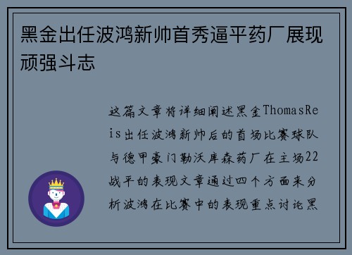 黑金出任波鸿新帅首秀逼平药厂展现顽强斗志