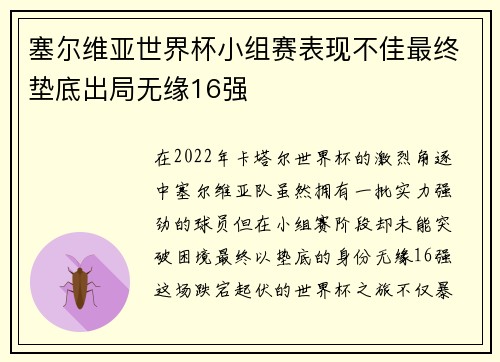 塞尔维亚世界杯小组赛表现不佳最终垫底出局无缘16强 塞尔维亚世界杯小组赛表现不佳最终垫底出局无缘16强