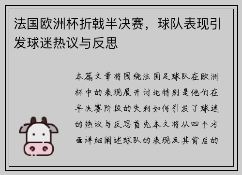法国欧洲杯折戟半决赛，球队表现引发球迷热议与反思